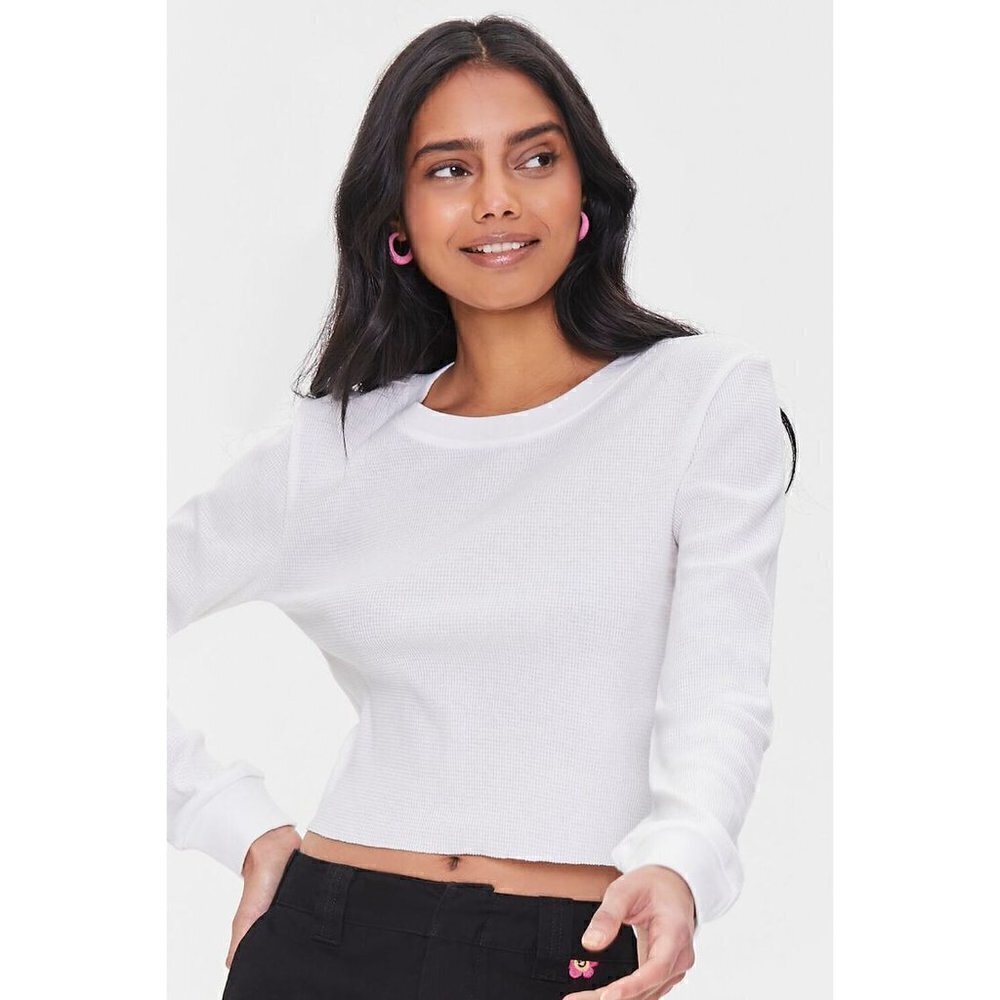 Forever 21 White Thermal Knit Long‎ Sleeve Cropped T-Shirt S